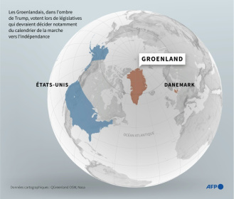 Carte montrant le Groenland, les Etats-Unis et le Danemark