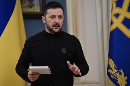 Le président ukrainien Volodymyr Zelensky lors d'une conférence de presse à Kiev, le 25 mars 2025
