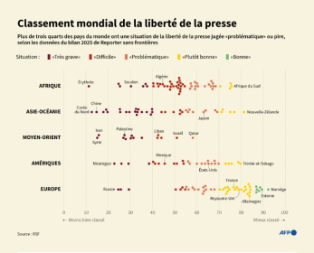 Classement 2025 de Reporter sans frontières sur la liberté de la presse dans le monde, basé sur des données collectées en 2024 et début 2025. - Paz PIZARRO, Mathys VALLÉE (AFP)