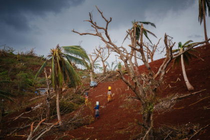 Des femmes passent dans une forêt dévastée par le cyclone Chido pour ramener de l'eau au village de Bouyouni, à Mayotte, le 19 décembre 2024 - DIMITAR DILKOFF (AFP)