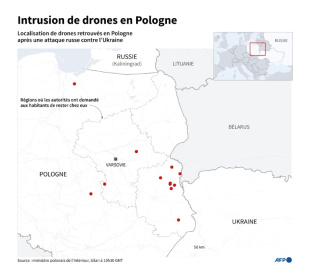Carte localisant les drones retrouvés en Pologne après une attaque russe contre l'Ukraine - Sylvie HUSSON, Jean-Michel CORNU (AFP)