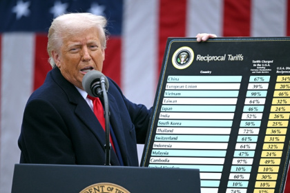 Le président américain Donald Trump montre un tableau des droits de douane, à la Maison Blanche à Washington, le 2 avril 2025 - Brendan SMIALOWSKI (AFP)